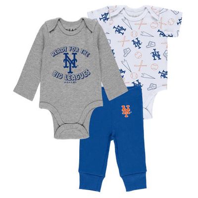 WEAR by Erin Andrews Newborn & Infant Gray/White/Royal New York Mets Three-Piece Turn Me Around Bodysuits & Pants Set