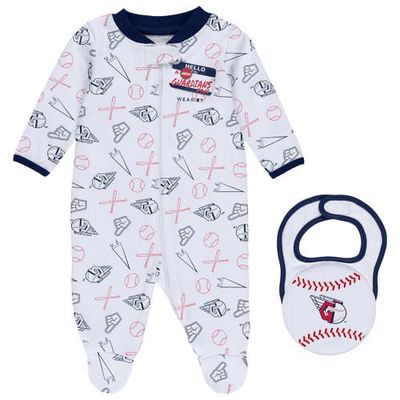 WEAR by Erin Andrews Newborn & Infant White Cleveland Guardians Sleep & Play Full-Zip Footed Jumper with Bib in Navy
