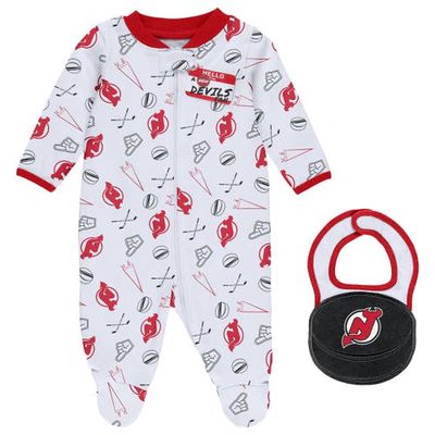 WEAR by Erin Andrews Newborn & Infant White New Jersey Devils Sleep & Play Full-Zip Footed Jumper with Bib in Red
