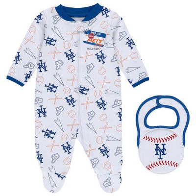 WEAR by Erin Andrews Newborn & Infant White New York Mets Sleep & Play Full-Zip Footed Jumper with Bib in Royal