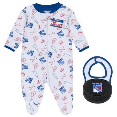 WEAR by Erin Andrews Newborn & Infant White New York Rangers Sleep & Play Full-Zip Footed Jumper with Bib in Royal
