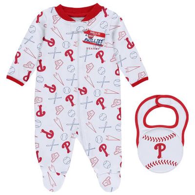WEAR by Erin Andrews Newborn & Infant White Philadelphia Phillies Sleep & Play Full-Zip Footed Jumper with Bib in Red