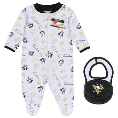 WEAR by Erin Andrews Newborn & Infant White Pittsburgh Penguins Sleep & Play Full-Zip Footed Jumper with Bib in Black