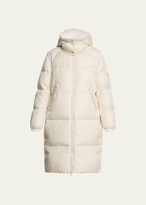 Weather-Resistant Technical Long Puffer Jacket with Fluffy Lambswool Lining