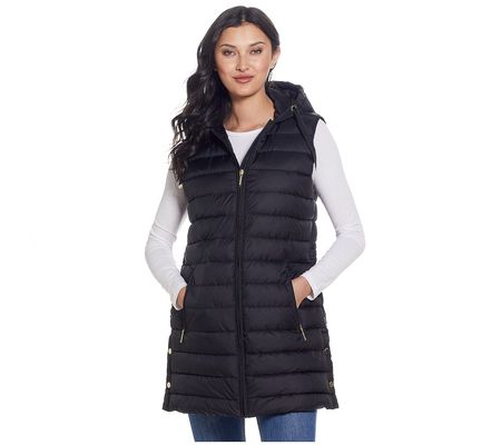 Weatherproof Hooded Channel Quilted Longline Ve st