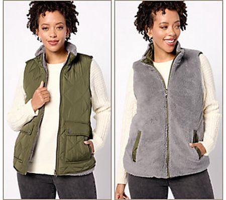 Weatherproof Reversible Quilted Vest to Cozy Sherpa