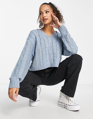 Wednesday's Girl boxy hoodie in blue cable knit with tie neck