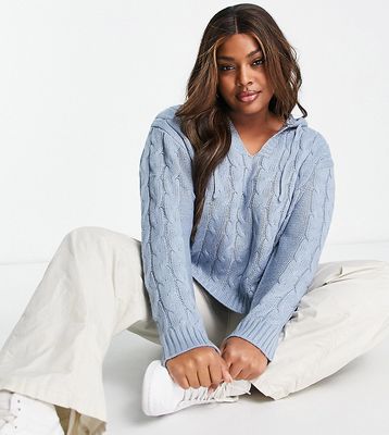 Wednesday's Girl Curve boxy hoodie in blue cable knit with tie neck