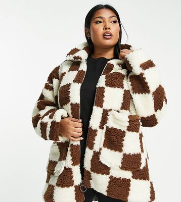 Wednesday's Girl Curve boxy oversized coat in check fluffy borg-Multi