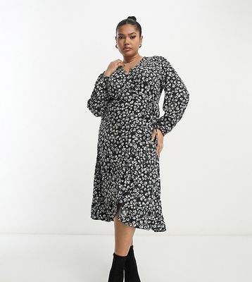 Wednesday's Girl Curve ditsy floral wrap detail midi dress in black