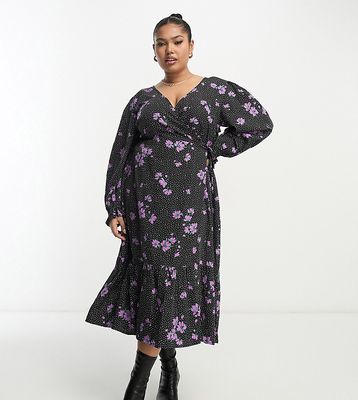 Wednesday's Girl Curve ditsy spot tie-back wrap midi dress in violet and black-Purple