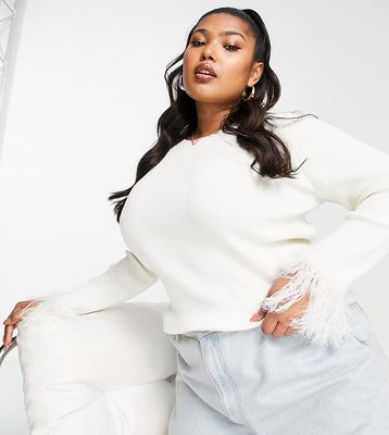 Wednesday's Girl Curve fitted rib sweater with fluffy cuffs in cream-White
