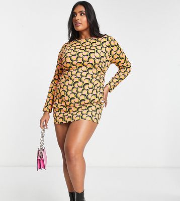 Wednesday's Girl Curve long sleeve bodycon dress in retro print with ring detail-Multi