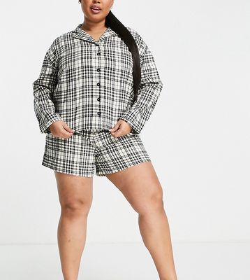 Wednesday's Girl Curve long sleeve pajama shirt and shorts set in vintage check-Neutral