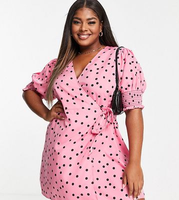 Wednesday's Girl Curve mini wrap dress with shirred sleeves in polka dot-Pink