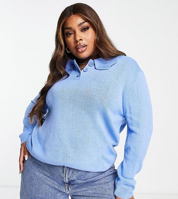 Wednesday's Girl Curve oversized button front collar sweater in blue