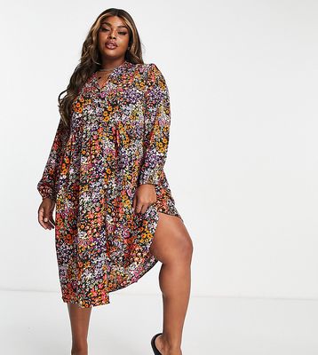 Wednesday's Girl Curve relaxed midi shirt smock dress in mixed ditsy floral-Multi