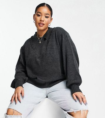 Wednesday's Girl Curve sweater with balloon sleeves and collar-Grey