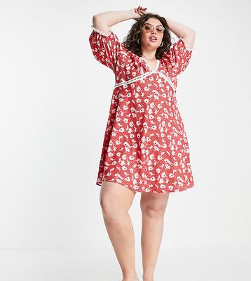 Wednesday's Girl Curve v-neck mini tea dress with ladder detail in red floral-Multi