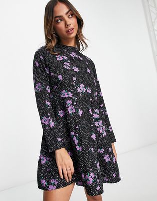 Wednesday's Girl floral polka dot print tiered mini smock dress in violet and black-Purple