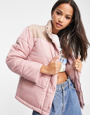 Wednesday's Girl high neck puffer jacket in pink contrast