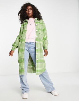 Wednesday's Girl longline oversized shacket in green check-Multi
