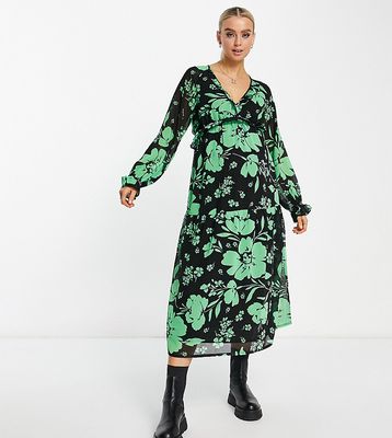 Wednesday's Girl Maternity ditsy floral floaty v-neck midi dress in green and black