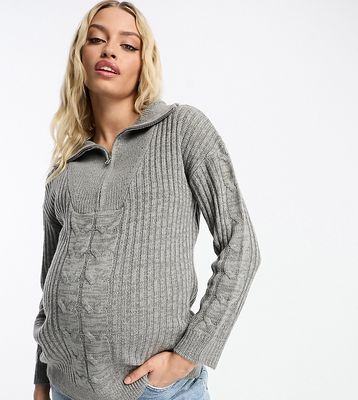 Wednesday's Girl Maternity half zip cozy sweater in gray