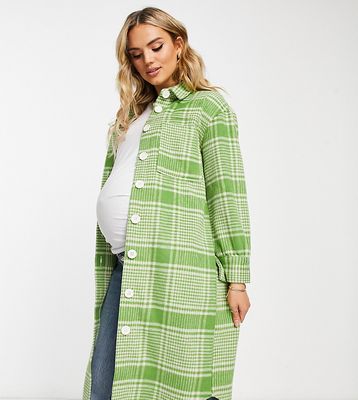 Wednesday's Girl Maternity longline oversized shacket in green check-Multi