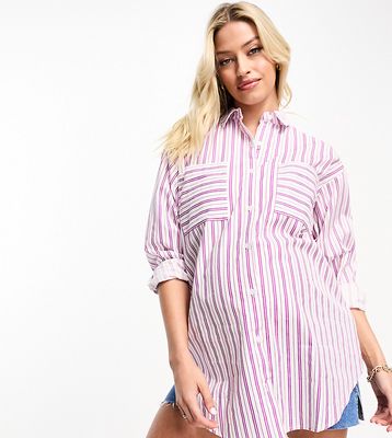 Wednesday's Girl Maternity oversized boyfriend poplin shirt in purple stripe