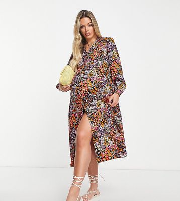 Wednesday's Girl Maternity relaxed midi shirt smock dress in mixed ditsy floral-Multi