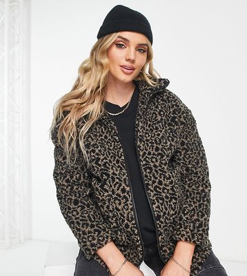 Wednesday's Girl Maternity relaxed zip up borg jacket in leopard-Multi