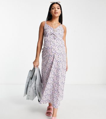 Wednesday's Girl Maternity ruch bust cami midi slip dress in grunge lilac floral-Multi