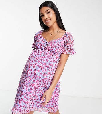 Wednesday's Girl Maternity ruched bust mini tea dress in purple floral-Blue