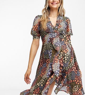 Wednesday's Girl Maternity ruffle detail mini tea dress in patchwork ditsy-Multi