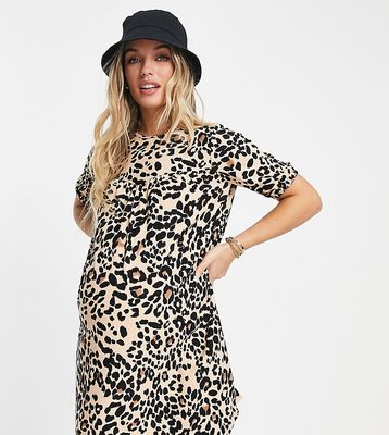 Wednesday's Girl Maternity smock mini dress with pleated front in grunge leopard-Multi