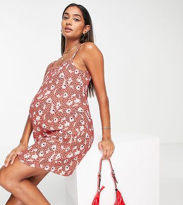 Wednesday's Girl Maternity strappy cami 90s mini dress in red floral-Multi