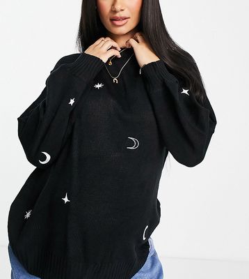Wednesday's Girl Maternity sweater with celestial embroidery-Black