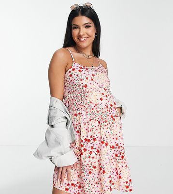 Wednesday's Girl Maternity tiered mini cami dress in pink ditsy floral-Multi