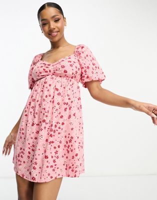 Wednesday's Girl puff sleeve ditsy floral print mini dress in pink