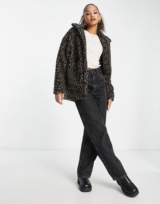 Wednesday's Girl relaxed zip up teddy jacket in leopard-Multi