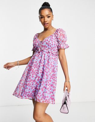 Wednesday's Girl ruched bust mini tea dress in purple floral-Blue