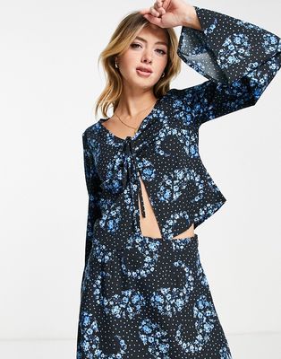 Wednesday's Girl ruched bust split blouse in blue ditsy paisley - part of a set-Multi