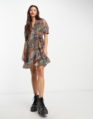 Wednesday's Girl ruffle detail mini tea dress in patchwork floral-Multi