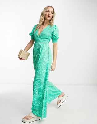 Wednesday's Girl shirred bust relaxed jumpsuit in green smudge dot