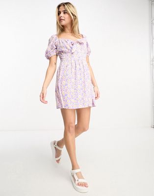 Wednesday's Girl tie front mini tea dress in purple floral