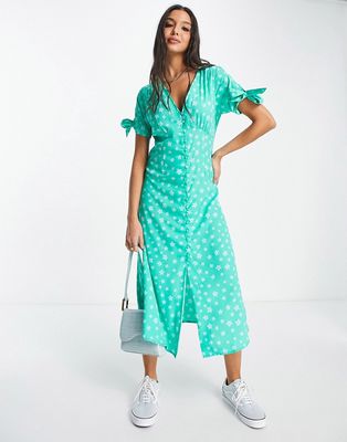 Wednesday's Girl v-neck midi tea dress in green floral