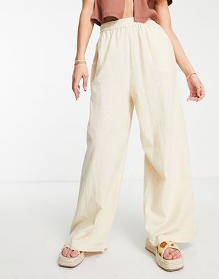 Wednesday's Girl wide leg linen style relaxed pants in stone-Neutral