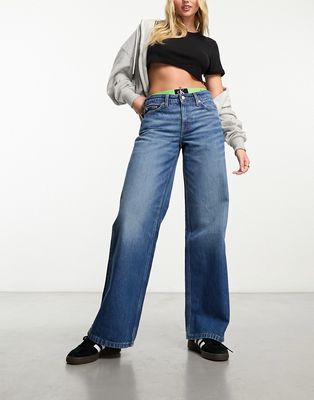 Weekday Ample low waist loose fit straight leg jeans in wave blue