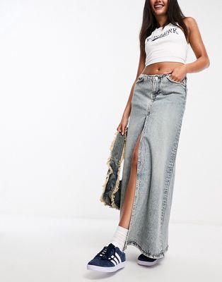 Weekday Anaheim low waist denim maxi skirt with front split in stained blue